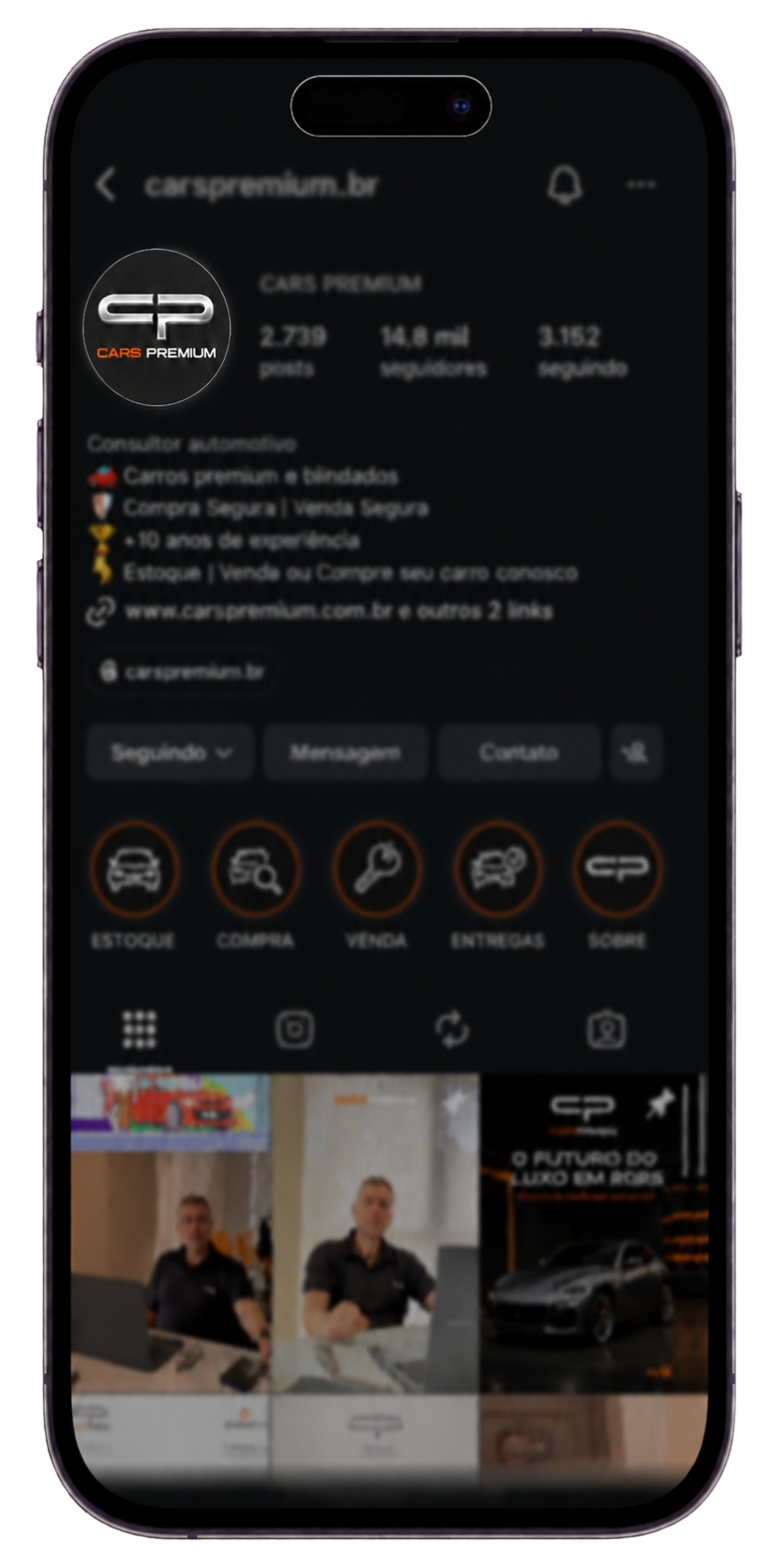 Perfil do Instagram com foco na foto de perfil clara da empresa automotiva
